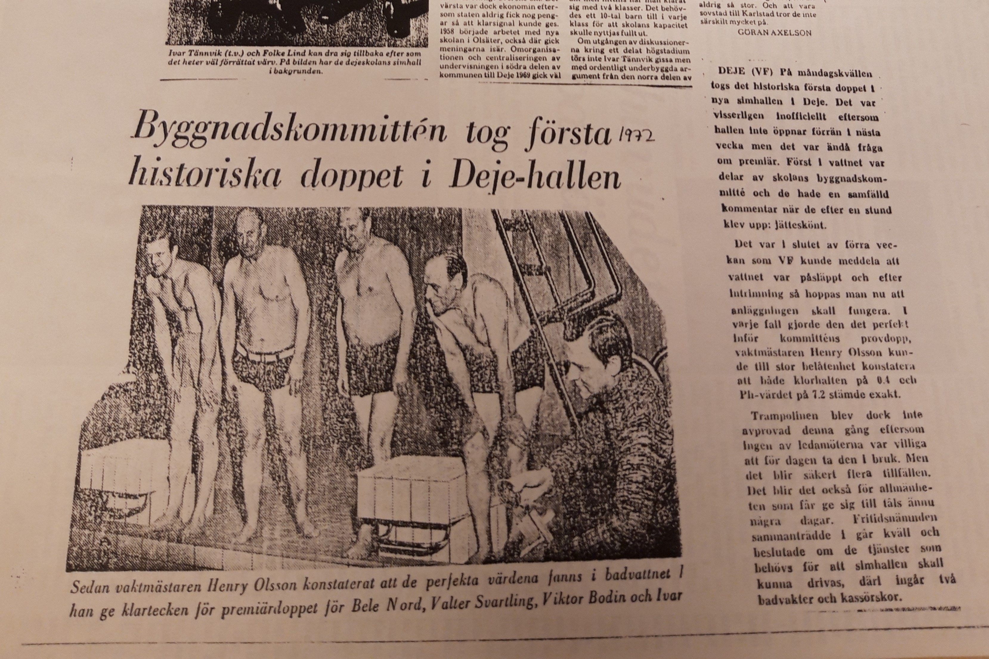 Tidningsurklipp från 1972 om simhallen i Deje