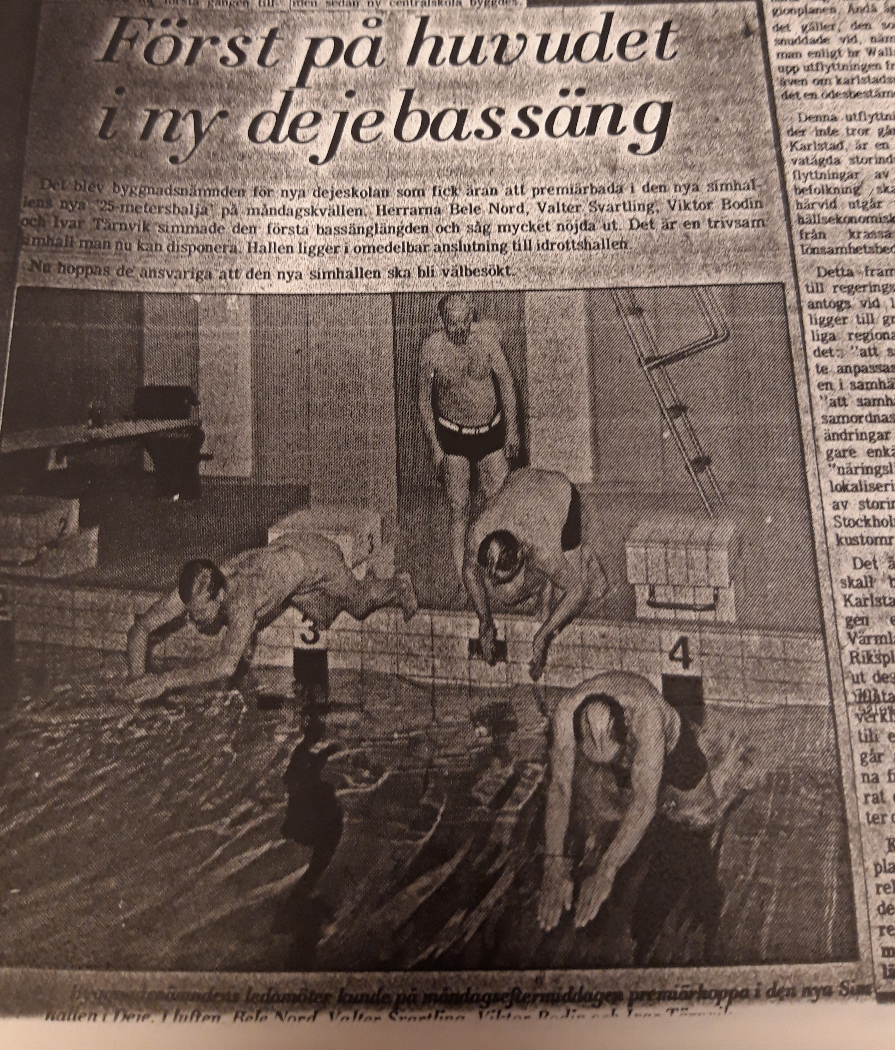Tidningsurklipp från 1972 om det första badet i Deje simhall